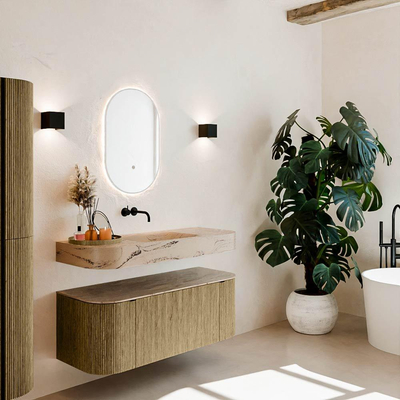 MONDIAZ THOR-DLUX 120cm meuble de salle de bains arrondi gauche + droite couleur Dusk avec 1 tiroir et 2 portes. Vasque suspendue CLOUD Milieu sans trou de robinet couleur Arena.