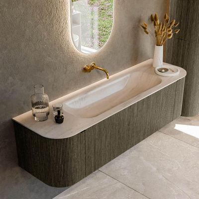 MONDIAZ KURVE-DLUX Meuble de salle de bains 160cm arrondi gauche + droite couleur Shadow avec 1 tiroir et 2 portes. Lavabo BIG MEDIUM central sans trou de robinet Meli.