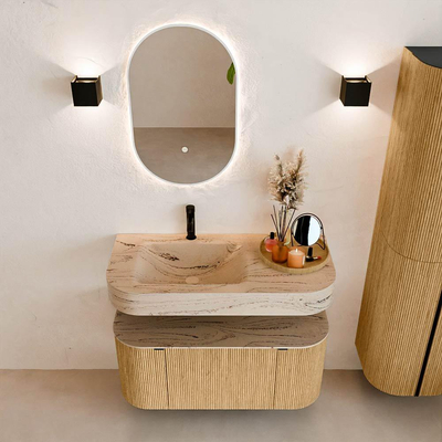 MONDIAZ THOR-DLUX 100cm meuble de salle de bains arrondi gauche + droite couleur Oak avec 1 tiroir et 2 portes. Vasque suspendue CLOUD Gauche 1 trou de robinet couleur Arena.