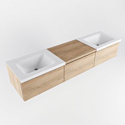 MONDIAZ BUKLA 180cm ensemble de meuble avec module 60 couleur Chêne blanchi avec 3 tiroirs. Lavabo CLOUD double 2 trous de robinet couleur Talc.