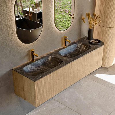 MONDIAZ KURVE-DLUX 165cm Meuble salle de bain avec module 25 D - couleur Oak - 2 tiroirs - 1 porte - vasque STOR SMALL double / gauche - 2 trous de robinet - couleur Lava