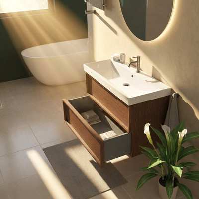 Saniclass Holz Frame Ensemble meuble de salle de bains - 100x45x67.5cm - lavabo Wave en céramique - 1 vasque - 1 trou de robinetterie - 2 tiroirs - noyer pur mat (bois)