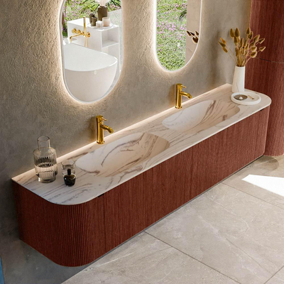 MONDIAZ KURVE-DLUX Meuble de salle de bains 200cm arrondi Gauche + Droite couleur Ruby avec 2 tiroirs et 2 portes. Lavabo STOR SMALL Double 2 trous de robinet Nata.