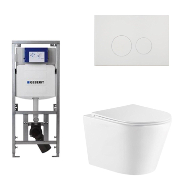 QeramiQ Dely Toiletset - 36.3x51.7cm - diepspoel - rimless - Geberit UP320 inbouwreservoir - met Burda frame - softclose toiletzitting - glans witte bedieningsplaat - ronde knoppen - wit mat