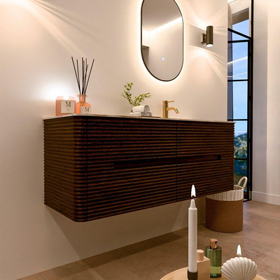 Mondiaz CIRO-DLUX Badkamermeubelset - 130x45x50cm - Solid surface wastafel Frappe - 1 wasbak Rechts - 1 kraangat - 4 lades - Walnut