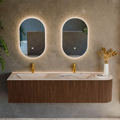 MONDIAZ KURVE-DLUX 175cm meuble de salle de bains arrondi Droite couleur Walnut avec 2 tiroirs et 1 porte. Lavabo STOR SMALL Double / Gauche 2 trous de robinet Nata.