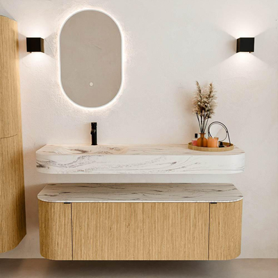 MONDIAZ THOR-DLUX 140cm meuble de salle de bains arrondi gauche + droite couleur Oak avec 1 tiroir et 2 portes. Vasque suspendue CLOUD gauche 1 trou de robinet couleur Nata.