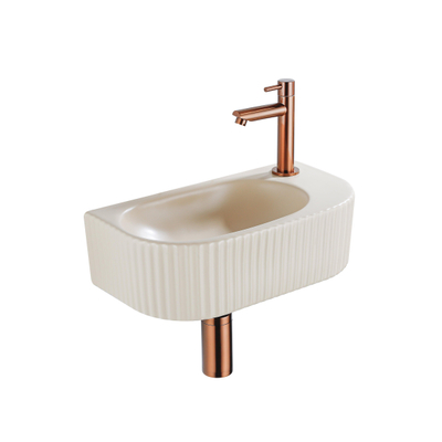 Fugaflow Efficiente Pietra Ensemble de fontaine - 40x21,5x12cm - droite - rainuré - demi-ronde - 1 trou de robinet - céramique - robinet de fontaine cuivre brossé - bouchon de vidange - siphon abaissé - beige