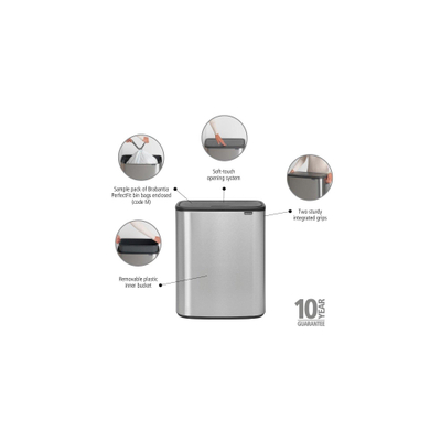 Brabantia Bo Touch Bin Poubelle - 60 litres - seau intérieur en plastique - matt steel fingerprint proof