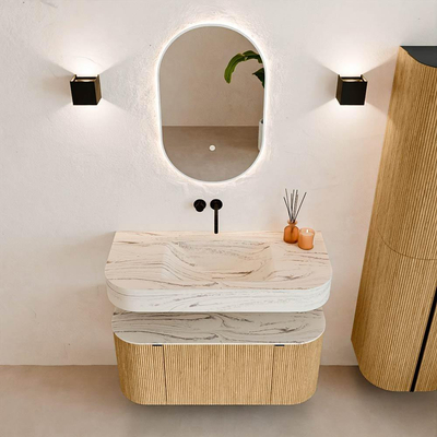 MONDIAZ THOR-DLUX 100cm badmeubel ronding links + rechts kleur Oak met 1 lade en 2 deuren. Vrijhangende wastafel CLOUD Midden zonder kraangat kleur Nata.