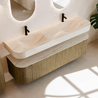 MONDIAZ THOR-DLUX 170cm meuble de salle de bains arrondi gauche + droite couleur Dusk avec 1 tiroir et 2 portes. Vasque suspendue CLOUD Double 2 trous de robinet couleur Meli.