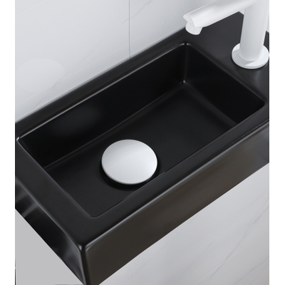 QeramiQ Fuente pack lave-mains – 37,5 x 18,5 x 9 cm – céramique noir mat – perçage à droite – robinet blanc mat