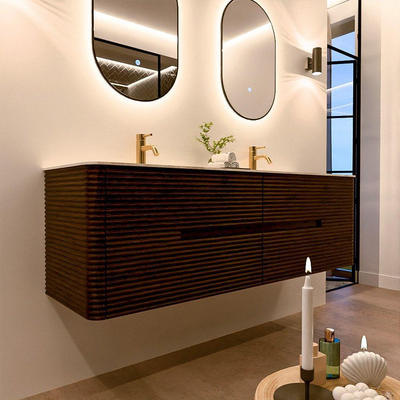 Mondiaz CIRO-DLUX Meuble de salle de bains - 160x45x50cm - Plan-vasque solid surface Ostra - 2 vasques double - 2 trous de robinetterie - 4 tiroirs - Noyer