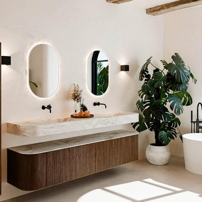 MONDIAZ THOR-DLUX 200cm meuble de salle de bains arrondi gauche + droite couleur Walnut avec 2 tiroirs et 2 portes. Vasque suspendue CLOUD Double sans trou de robinet couleur Frappe.