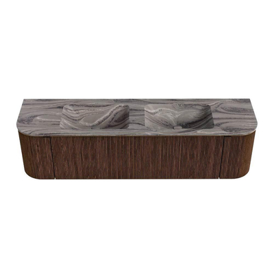 MONDIAZ KURVE-DLUX Meuble de salle de bains 170cm arrondi Gauche + Droite couleur Walnut avec 1 tiroir et 2 portes. Lavabo LEAF Double 2 trous de robinet Sombra.
