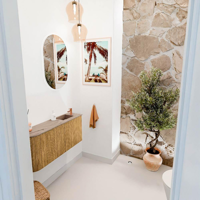 Mondiaz JOYA-DLUX 91.6cm toiletmeubel - ronding links kleur Oak - Wastafel FAYE positie Rechts 1 kraangat kleur Arena.