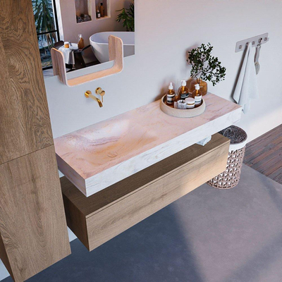 Mondiaz ALAN-DLUX Ensemble de meuble - 130cm - meuble Washed Oak mat - 1 tiroir - Lavabo Cloud Ostra suspendu - vasque Gauche - 0 trous de robinet