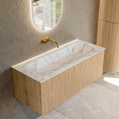 MONDIAZ KURVE-DLUX 110cm Meuble salle de bain - couleur Oak - 1 tiroir - vasque BIG MEDIUM centre - sans trou de robinet - couleur Glace