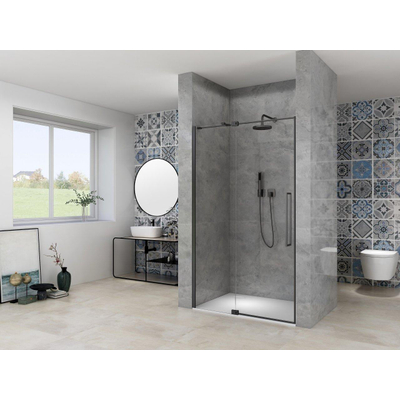Van Rijn Products ST08 Porte de niche pivotante - 100x200cm - verre clair - épaisseur 8mm - 2 parties - profil mural - barre de stabilisation - Noir