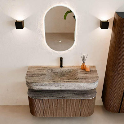 MONDIAZ THOR-DLUX 110cm badmeubel ronding links + rechts kleur Walnut met 1 lade en 2 deuren. Vrijhangende wastafel CLOUD Midden 1 kraangat kleur Oza.