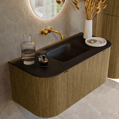 Ensemble de meuble de salle de bain Mondiaz KURVE - 100x46x40cm - 1 tiroir - 2 portes - lavabo en solid surface - milieu - sans trou de robinet - Dusk