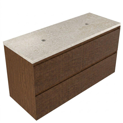 Saniclass Holz Atelier Ensemble de meubles de salle de bains - 120x45x63cm - Plan en pierre naturelle travertin - sans trou de robinet - 2 tiroirs - noyer pur mat (bois)