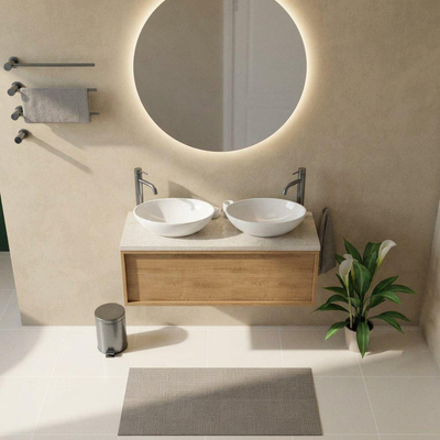 Saniclass Holz Frame Ensemble de meubles de salle de bains - 120x45x43cm - Plan de travail en pierre naturelle travertin - 2 trous de robinet - 1 tiroir - chêne natural mat (bois)