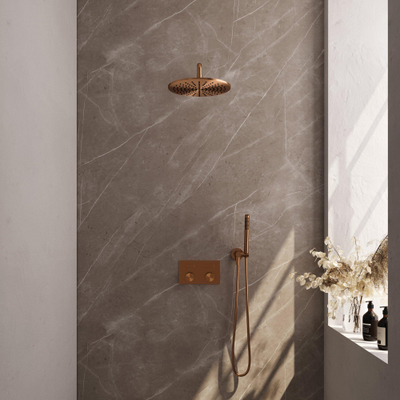 Brauer Copper Carving Douche pluie encastrable - thermostatique - boutons poussoirs - SET 52 - pommeau 30cm - bras mural courbé - douchette stick - flexible - coude mural - Cuivre brossé PVD
