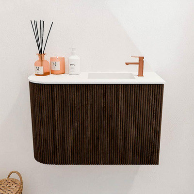 Mondiaz JOYA 61.6cm toiletmeubel - ronding links kleur Walnut - Wastafel FAYE positie Rechts 1 kraangat kleur Talc.