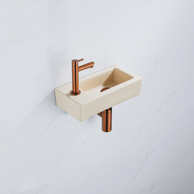 QeramiQ Lave-mains Kit lave-mains - 37.5x18.5x9cm - céramique - trou de robinet gauche - robinet lave-mains en cuivre brossé - bonde de vidage - siphon abaissé - Mat Beige