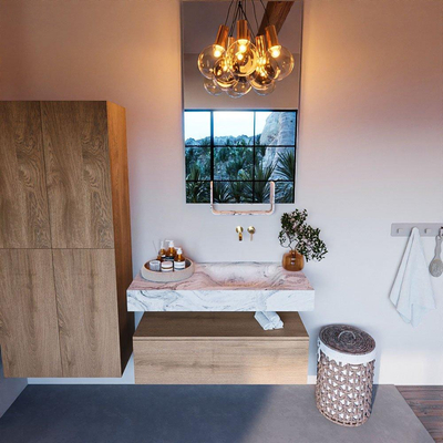 MONDIAZ ALAN - DLUX Ensemble de meubles de salle de bains - 100cm - meuble bas - chêne délavé - 1 tiroir - lavabo suspendu - vasque à droite - 0 trous de robinet - Glace