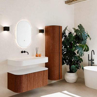 MONDIAZ THOR 100cm meuble de salle de bains arrondi gauche + droite couleur Ruby avec 1 tiroir et 2 portes. Vasque suspendue CLOUD Milieu sans trou de robinet couleur Talc.