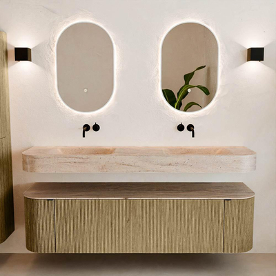 MONDIAZ THOR-DLUX Meuble de salle de bains - 170cm - arrondi gauche + droite - couleur Dusk - 1 tiroir - 2 portes - Vasque suspendue CLOUD Double sans trou de robinet - couleur Saba