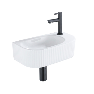 Fugaflow Efficiente Ensemble Fontaine Pietra - 40x21,5x12 cm - droite - rainurée - demi-ronde - 1 trou de robinet - céramique - robinet de fontaine noir mat - bouchon de vidange - siphon abaissé - blanc brillant