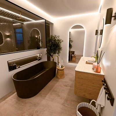 Mondiaz CIRO-DLUX Ensemble de meubles de salle de bains - 130x45x50cm - Plan vasque solid surface Opalo - 1 vasque à gauche - 1 trou de robinet - 4 tiroirs - Chêne