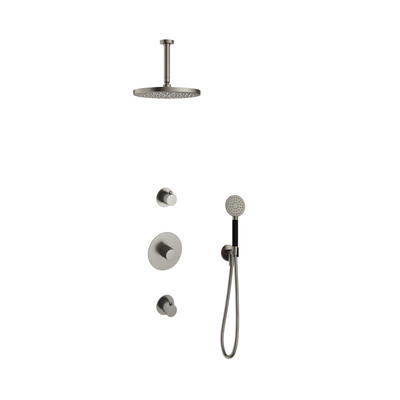 Hotbath Cobber Ensemble de douche de tête encastré - bras de plafond 15 cm - douche de tête ronde 30 cm - douchette 3 jets - nickel brossé