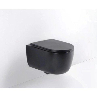 QeramiQ Dely Swirl Toiletset - 36.5x 53cm - Grohe Rapid inbouwreservoir - slim zitting - witte bedieningsplaat - rechthoekige knoppen - matte black (mat zwart)
