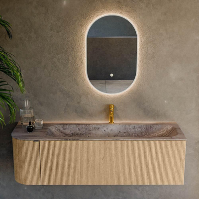 MONDIAZ KURVE-DLUX meuble de salle de bains 145 cm arrondi à gauche couleur chêne avec 1 tiroir et 1 porte. Lavabo BIG LARGE à droite 1 trou de robinet Oza.