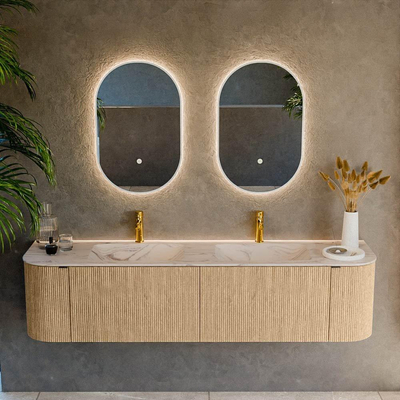 MONDIAZ KURVE-DLUX Meuble de salle de bains 180cm arrondi gauche + droite couleur Chêne avec 2 tiroirs et 2 portes. Lavabo LEAF Double 2 trous de robinet Nata.