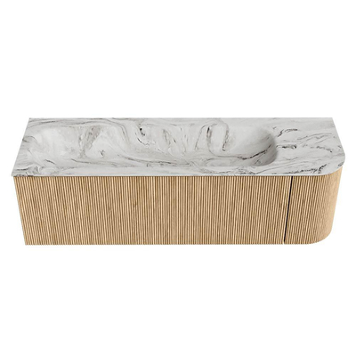 MONDIAZ KURVE-DLUX 145cm Meuble salle de bain avec module 25 D - couleur Oak - 1 tiroir - 1 porte - vasque BIG LARGE gauche - sans trou de robinet - couleur Glace