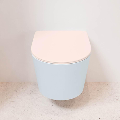 Mondiaz LAVIE WC suspendu – sans bride – 36 x 53 cm – avec abattant softclose – Clay (bleu clair/gris), abattant Rosee (rose)