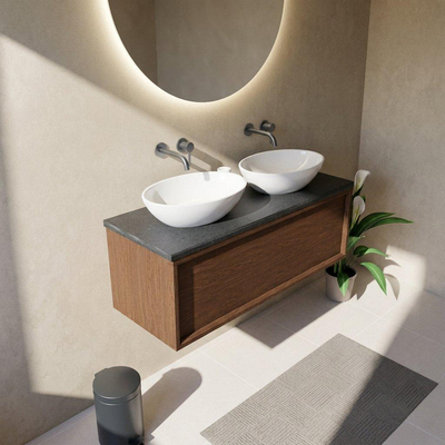 Saniclass Holz Frame Ensemble meuble de salle de bains - 120x45x43cm - lavabo en basalte Noche poli - 1 vasque - sans trou de robinetterie - 1 tiroir - noyer pure mat (bois)