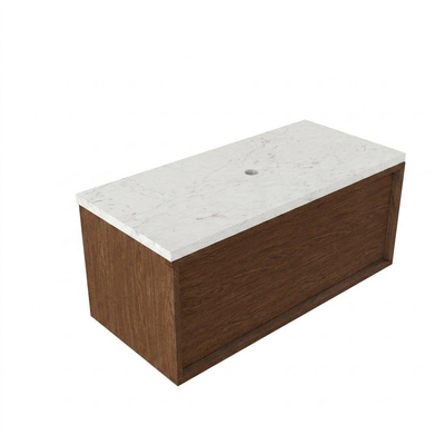 Saniclass Holz Frame Ensemble meuble de salle de bains - 100x45x43cm - Plan vasque en marbre Dia poli (blanc) - sans trou de robinet - 1 tiroir - walnut pure mat (bois)