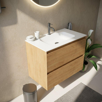 Saniclass Holz Pure Ensemble de meubles de salle de bains - 80x45x61.5cm - Flow lavabo en solid surface blanc - 1 vasque - 1 trou de robinet - 2 tiroirs - chêne natural mat (bois)