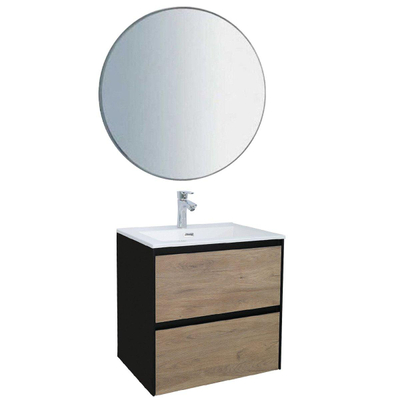 Adema Industrial Badmeubelset 60x45.5x58cm met overloop inclusief ronde spiegel hout/zwart