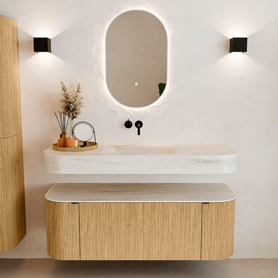 MONDIAZ THOR-DLUX 130cm meuble de salle de bains arrondi gauche + droite couleur Chêne avec 1 tiroir et 2 portes. Vasque suspendue CLOUD Centre sans trou de robinet couleur Meli.