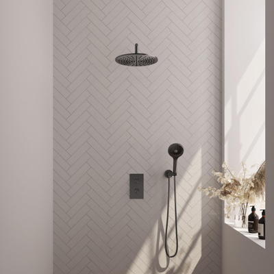 Brauer Gunmetal Edition Douche pluie thermostatique avec pommeau 30cm et bras mural courbé 40cm et douchette Rond 3 jet flexible lisse avec coude mural Gunmetal brossé PVD