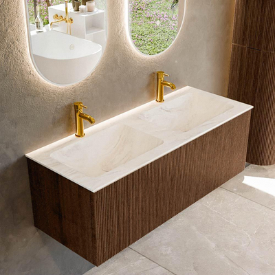 MONDIAZ KURVE-DLUX 120cm badmeubel kleur Walnut met 1 lade. Wastafel LEAF dubbel 2 kraangaten kleur Ostra.