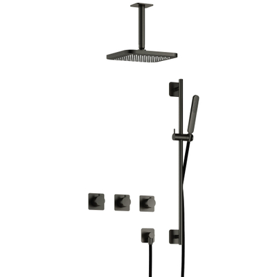 Hotbath Gal IBSGL70 Ensemble de douche thermostatique encastré - 2 robinets d'arrêt - bras plafond de 15 cm - pomme de douche carrée de 22 cm - douchette à main - barre de douche - gun metal brossé PVD