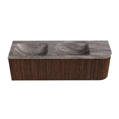 MONDIAZ KURVE-DLUX Meuble de salle de bains 145cm arrondi à droite couleur Walnut avec 1 tiroir et 1 porte. Lavabo LEAF Double / à gauche sans trou de robinet Oza.